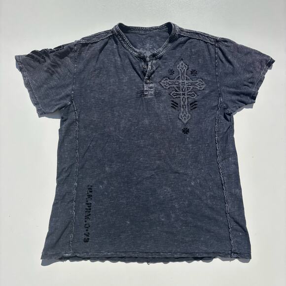 Affliction Gray Short Sleeve Henley Mens Shirt XL Cross & Skull - Picture 1 of 7